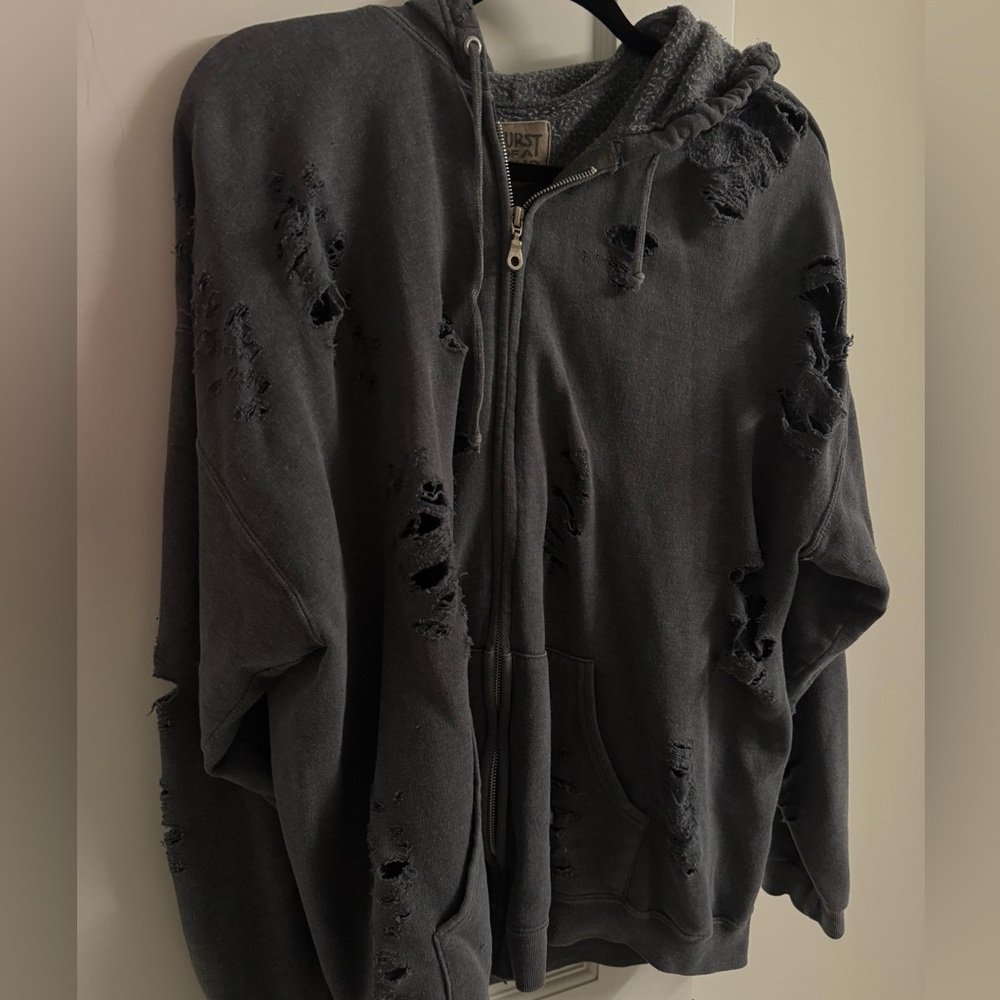 LF Stores FURST OF A KIND Ripped Dark Grey/Blue Zip up Hoodie. DISTRESSED